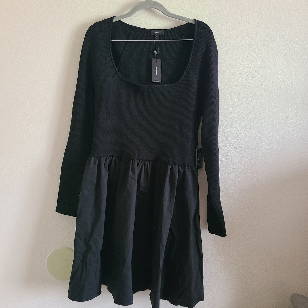 NWT Express Black Ribbed Square Neck Poplin Mini Fit And Flare Dress